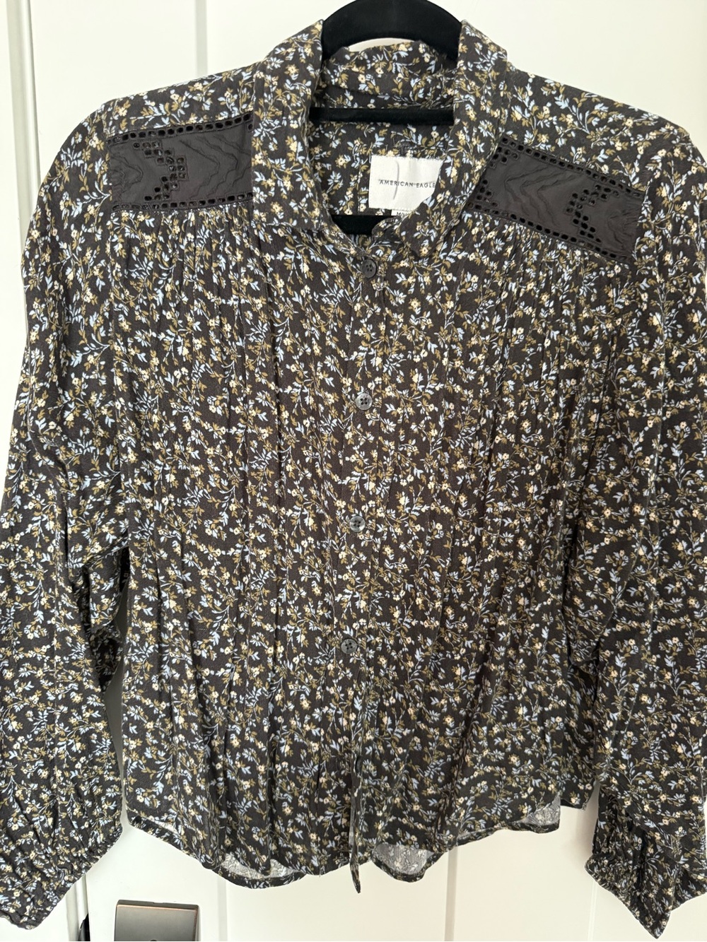 American Eagle Outfitters Brown Floral Button-Down Blouse with Eyelet Yoke, M.